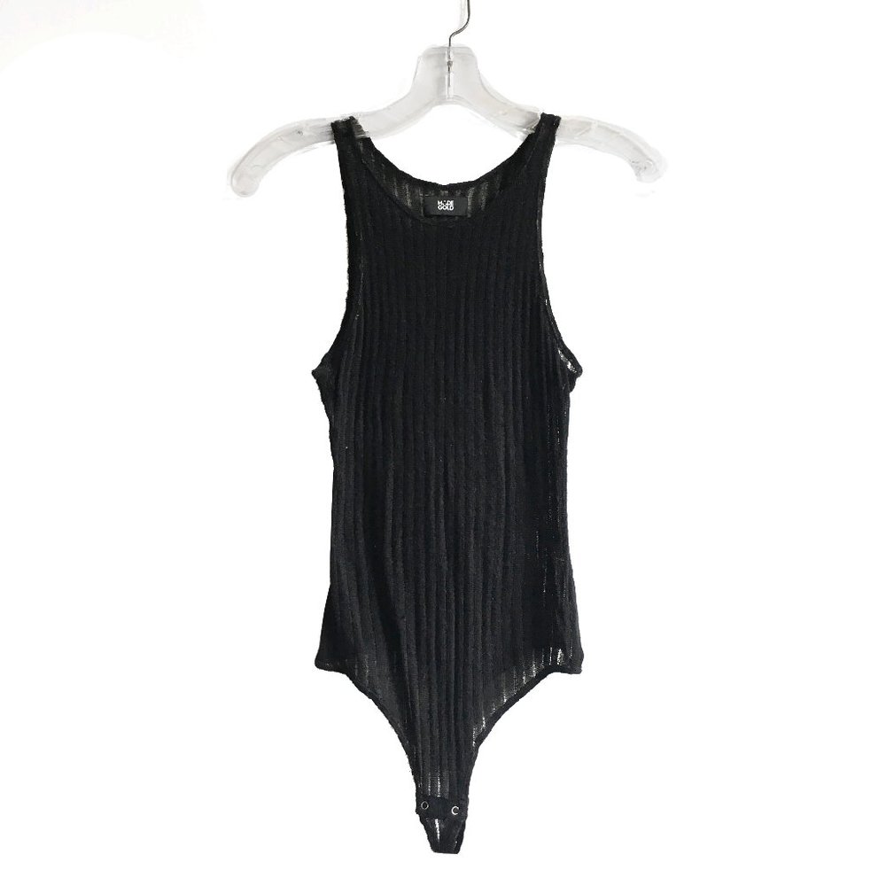 Made Gold black distressed semi sheer knit stripe bodysuit